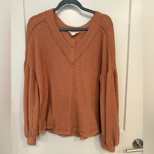 Love Riche V-Neck Waffle Knit Shirt - Rust